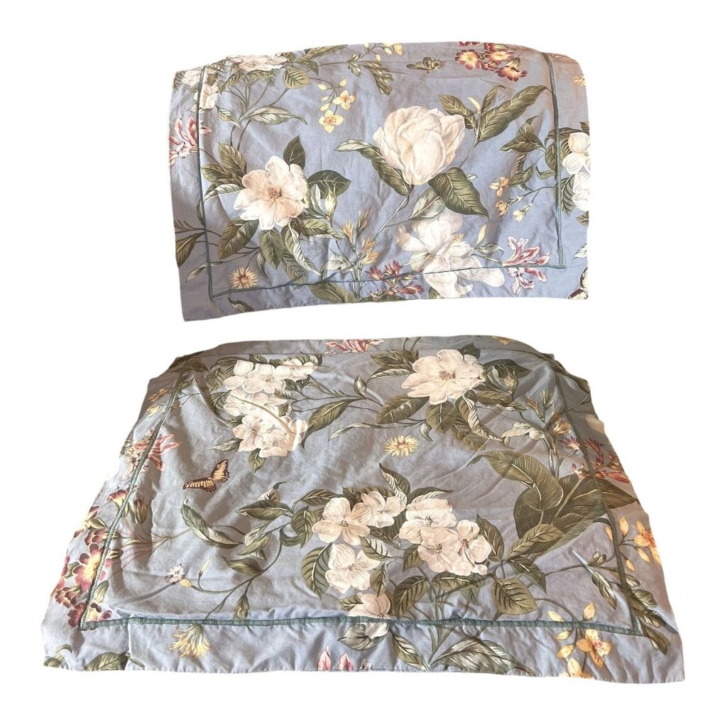 Vintage Crown Crafts Sham Set BLU MULTI Botanical Button Closure Embroidery